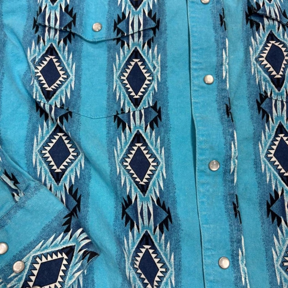 Wrangler Western Blue Aztec Geometric Diamond Pearl Snap Shirt Mens Size M - Picture 3 of 5
